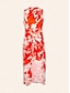 economico Print Dresses-Floral Print Tie Front Shirred Midi Dress