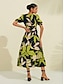 cheap New to Sale-Green Leaves Pattern V Neck Midi Dress
