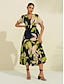 billige Print Dresses-Elegant Leaf Pattern V Neck Midi Dress