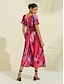 cheap Sale-Chiffon Rose Red V Neck Shading Print Midi Dress