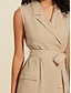 baratos Vestidos Casuais-Khaki Button Pocket Belted Midi Dress