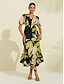 cheap Print Dresses-Green Leaves Pattern V Neck Midi Dress