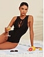 cheap One Pieces-Solid Hole Detail Swimsuit
