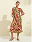 cheap Print Dresses-Satin Floral V Neck Half Sleeve Midi Dress