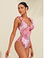 economico Un pezzo-Ruffle Floral Print Plunge Swimsuit
