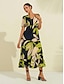 economico New to Sale-Leaf Pattern V Neck Puff Sleeve Midi Dress