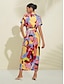 billige Print Dresses-Tree Leaf Print Shirt Collar Midi Dress