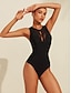 cheap One Pieces-Solid Hole Detail Swimsuit