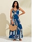 abordables Print Dresses-Blue Spaghetti Strap Tassel Hem Maxi Dress