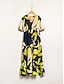 abordables New to Sale-Leaf Pattern V Neck Puff Sleeve Midi Dress