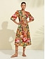 cheap Print Dresses-Satin Floral V Neck Half Sleeve Midi Dress