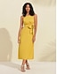 cheap Casual Dresses-Tencel Linen Solid Tie Front Midi Dress