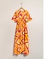 economico Print Dresses-Geometric V Neck Chiffon Maxi Dress