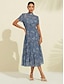 abordables Sale-Floral High Neck Short Sleeve Midi Dress