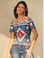 preiswerte T-Shirt-Damen T Shirt Geometrisch Kuh Vintage Bedruckt Casual Wochenende Vintage Basic Ethnisch Kurzarm V Ausschnitt Blau