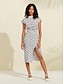 cheap Midi Dresses-Cotton Blend Striped Short Sleeves Knit Midi Dress