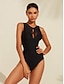 cheap One Pieces-Solid Hole Detail Swimsuit