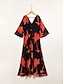 cheap Print Dresses-Chiffon Leaf Flower Print V Neck Maxi Dress