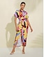 cheap Print Dresses-Satin Leaf Print Shirt Collar Midi Dress