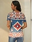 preiswerte T-Shirt-Damen T Shirt Geometrisch Kuh Vintage Bedruckt Casual Wochenende Vintage Basic Ethnisch Kurzarm V Ausschnitt Blau