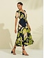 abordables New to Sale-Leaf Pattern V Neck Puff Sleeve Midi Dress