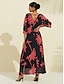 cheap Print Dresses-Chiffon Leaf Flower Print V Neck Maxi Dress