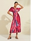 billige Sale-Rose Red V Neck Shading Print Midi Dress