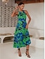 abordables Print Dresses-Floral Satin High Neck Belted Midi Dress