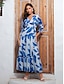 cheap Print Dresses-Chiffon Leaf Print V Neck Maxi Dress