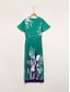 cheap Print Dresses-Satin Pleated Floral V Neck Maxi Dress