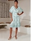 cheap Print Dresses-Puff Sleeve V Neck Knee Length Dress