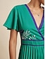 billige Print Dresses-Satin Floral V Neck Pleated Maxi Dress