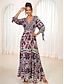 cheap Maxi Dresses-Boho Floral Puff Sleeve V Neck Maxi Dress