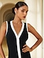 cheap Midi Dresses-Knit Contrast Colors V Neck Slim Fit Sleeveless Midi Dress