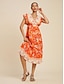 baratos Print Dresses-Ruffle V Neck Floral Midi Dress