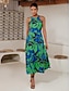 cheap Print Dresses-Satin Belted Floral High Neck Midi Dress