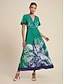 billige Print Dresses-Pleated Satin Floral V Neck Maxi Dress
