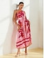 economico Print Dresses-Satin Floral Buckle Shoulder Maxi Dress