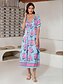 abordables Print Dresses-Print V Neck Drawstring Midi Dress