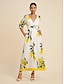 abordables Print Dresses-Satin Fruit Print V Neck Maxi Dress