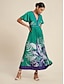 economico Print Dresses-Pleated Floral Satin V Neck Maxi Dress