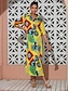 economico Print Dresses-Satin Folk Print Collar Midi Dress