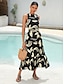 abordables Print Dresses-Satin Belted Leaves Maxi Dress