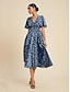cheap Print Dresses-Satin Floral Print Smocked Waist Midi Dress