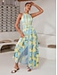 cheap Print Dresses-Satin Print Halter Neck Backless Maxi Dress