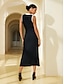 cheap Midi Dresses-Knit Contrast Colors V Neck Slim Fit Sleeveless Midi Dress