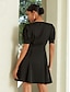 baratos Vestidos Casuais-Solid Satin Puff Sleeve Mini Dress