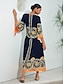 economico Print Dresses-Folk Print Satin V Neck Maxi Dress