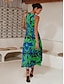 economico Print Dresses-Floral Satin Belted High Neck Midi Dress