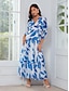 billige Print Dresses-Leaf Print Chiffon V Neck Maxi Dress